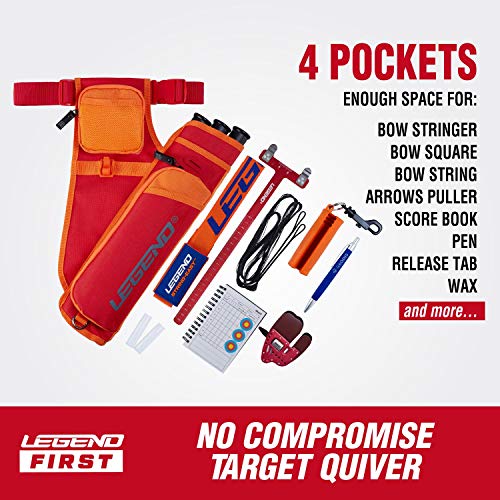 Legend First Archery Quiver Case for Arrows - Right Handed Target Shooting Hip Quivers with Adjustable Belt & 3 Arrow Tubes - Durable T-Slot & Storage Pockets for Accessories & Score Card - Red