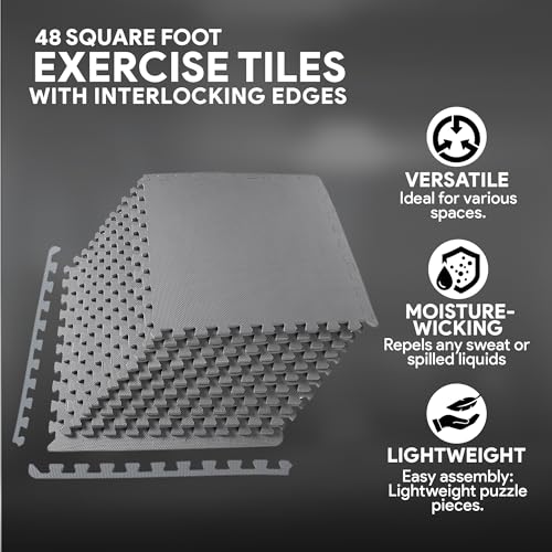 Fitvids Puzzle Exercise Mat with EVA Foam Interlocking Tiles for MMA, Exercise, Gymnastics and Home Gym Protective Flooring, 1/2" Thick, 48 Square Feet, Gray
