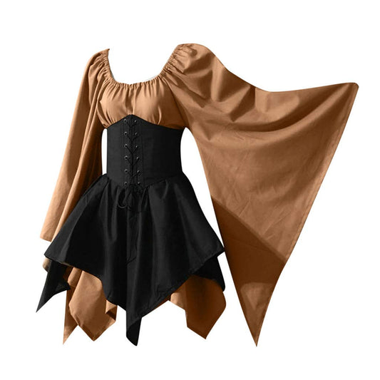 KEGIRLOM Lightening Deals Women's Medieval Renaissance Dress Costume Flare Sleeve Corset Skirt Overskirt Elven Archer Irish Over Gown 2pcs Set,Renaissance Dress Women Short