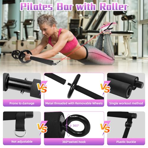 Portable Pilates Bar, Pilates Resistance Band Bar with Ab Roller, 3-Section Multifunctional Pilates for Stretched Exercise, Home Gym Yoga Stick for Full Body Workout Training Women & Men (Black)