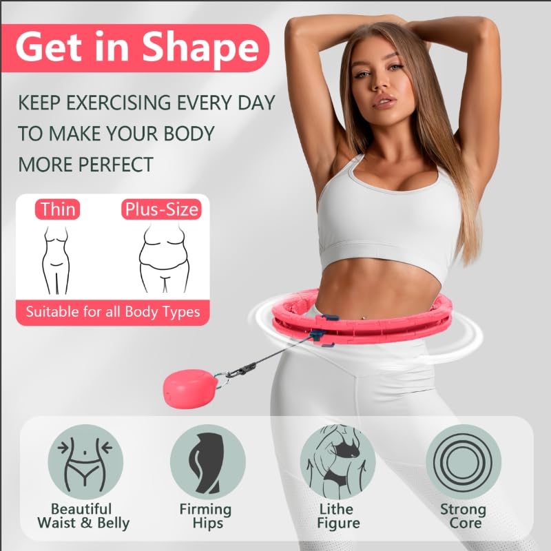 Leann L!fe U1-30 Knots Waist 56”, Magnetic Lock Smart Weighted Hula Hoop for Adults Weight Loss, Infinity Hoop Plus Size, Children Adult Home Outdoors, Fitness Exercise, Abdominal Toner,Pink