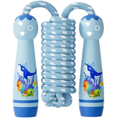 Jump Rope for Kids-Adjustable Cotton Braided Skipping Rope with Wooden Handle for Toddler Fitness Workout Exercise Outdoor Activity