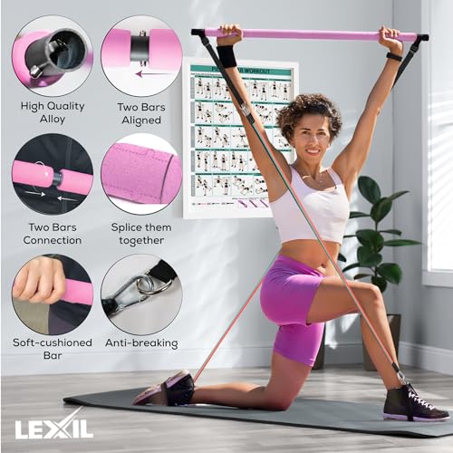 LEXIL Portable Pilates Bar Exercise Kit-Stackable 3 Pairs of Resistance Bands (15, 20, 30LB) - Home Gym Equipment for Men and Women, Workout Kit for Body Toning,with Fitness Video(Pink)