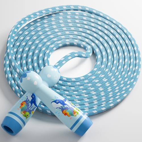 Jump Rope for Kids-Adjustable Cotton Braided Skipping Rope with Wooden Handle for Toddler Fitness Workout Exercise Outdoor Activity