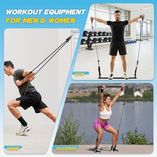 Pilates Bar Kit with Resistance Bands, Multifunctional Metal Exercise Bar with Heavy-Duty Metal Adjustment Buckle, Portable Home Gym Pilates Resistance Bar Kit for Heavy Weight Training Men&Women
