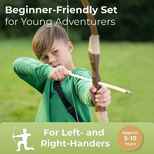 BOWRILLA® Wooden Bow and Arrow for Kids with 10 Arrows, Quiver, 3 Targets & Storage Bag | Kids Bow and Arrow Set for Right- and Left-Handers | Indoor and Outdoor Toys for Children Boys & Girls