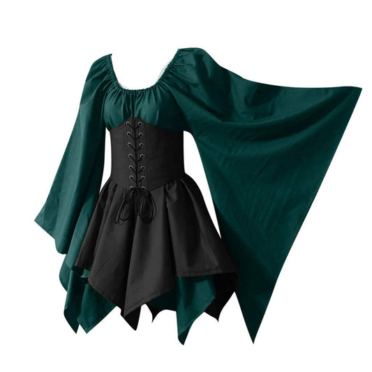 KEGIRLOM Ofertas Relampago Del Dia Para Mujer Women's Medieval Renaissance Dress Costume Flare Sleeve Corset Skirt Overskirt Elven Archer Irish Over Gown 2pcs Set,Regency Era Dress for Women