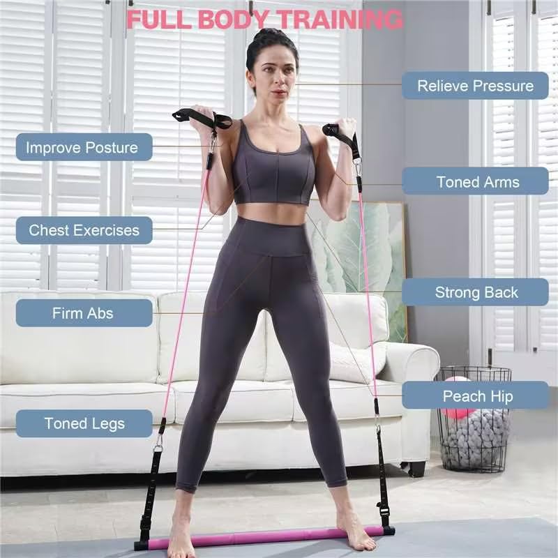 kisnbld Pilates Bar Kit with Resistance Bands, Multifunctional Pilates Bar with 3 Set Exercise Resistance Bands, Portable Pilates Equipment for Women Home Gym Yoga Workouts