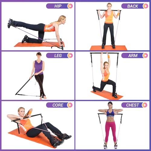 Pilates Bar Kit with Resistance Bands, 3-Section Pilates Bar with Clear Scale & Adjustable Metal Buckle, Durable Carabiner, Pilates Bar Kit for Women Full-Body Workout - Black