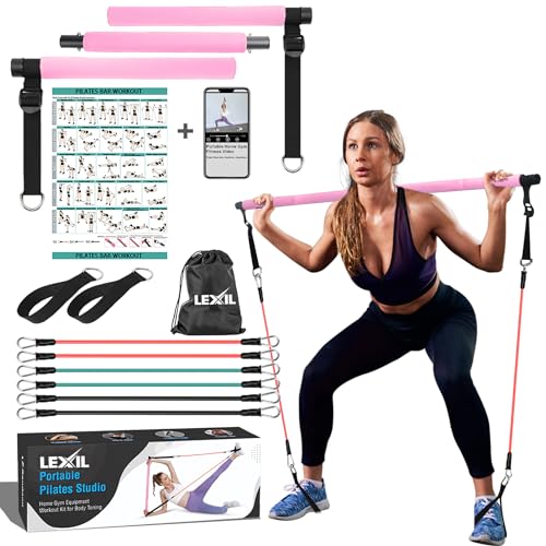 LEXIL Portable Pilates Bar Exercise Kit-Stackable 3 Pairs of Resistance Bands (15, 20, 30LB) - Home Gym Equipment for Men and Women, Workout Kit for Body Toning,with Fitness Video(Pink)