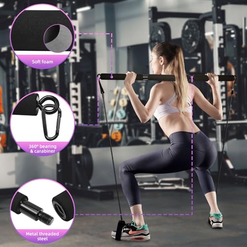 Portable Pilates Bar, Pilates Resistance Band Bar with Ab Roller, 3-Section Multifunctional Pilates for Stretched Exercise, Home Gym Yoga Stick for Full Body Workout Training Women & Men (Black)