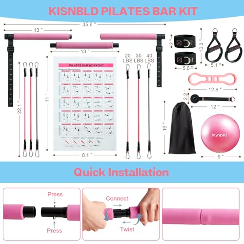 kisnbld Pilates Bar Kit with Resistance Bands, Multifunctional Pilates Bar with 3 Set Exercise Resistance Bands, Portable Pilates Equipment for Women Home Gym Yoga Workouts