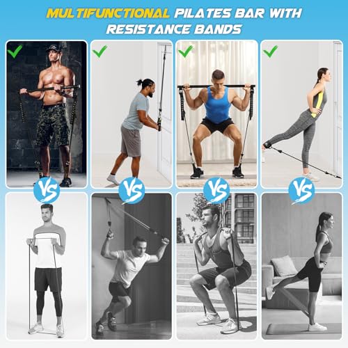Pilates Bar Kit with Resistance Bands, Multifunctional Metal Exercise Bar with Heavy-Duty Metal Adjustment Buckle, Portable Home Gym Pilates Resistance Bar Kit for Heavy Weight Training Men&Women