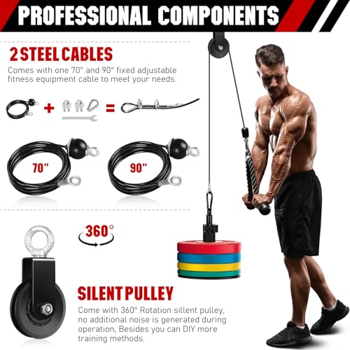 RENRANRING Fitness LAT and Lift Pulley System Gym - Upgraded LAT Pull Down Cable Machine Attachments, Loading Pin, Handle and Tricep Rope, for Biceps Curl, Forearm, Triceps Exercise Gym Equipment