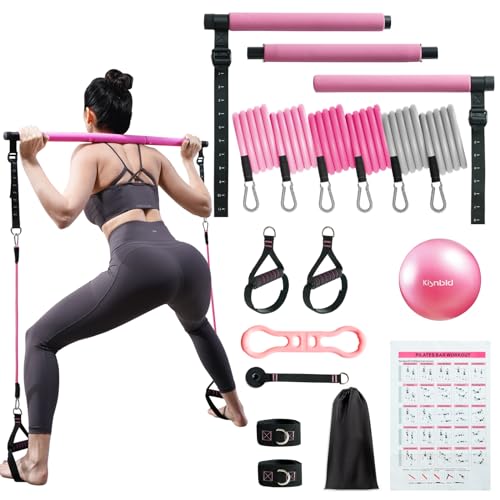 kisnbld Pilates Bar Kit with Resistance Bands, Multifunctional Pilates Bar with 3 Set Exercise Resistance Bands, Portable Pilates Equipment for Women Home Gym Yoga Workouts