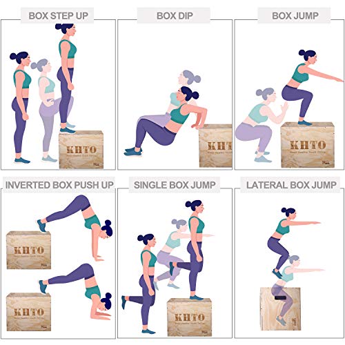 KHTO FITNESS Wood Plyometric Jump Box- 3-in-1 Wood Plyo Box for Exercise Training and Conditioning- Pre-drilled for Easy Assembling (16" x 14" x 12")