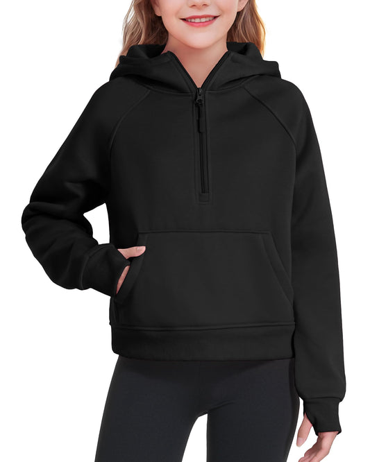 KEREDA Girls Half Zip Hoodies Fleece Pullover Sweatshirt Long Sleeve Winter Clothes Thumb Hole Black 9-10 Years