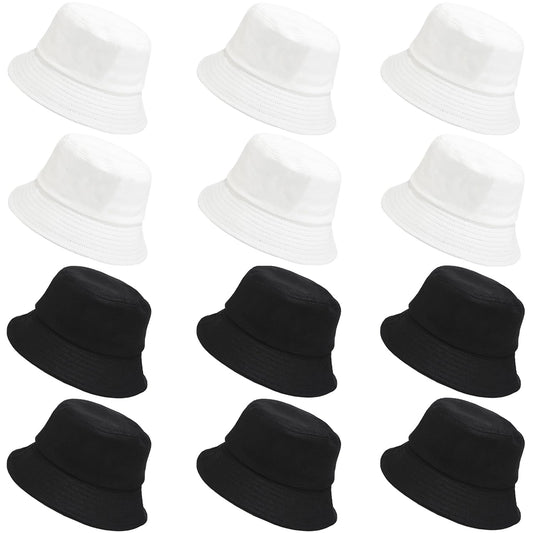 12 Pieces Bucket Hats for Women Summer Beach Fishmen Hat for Lady Adult Unisex Cotton Cap(Black White)