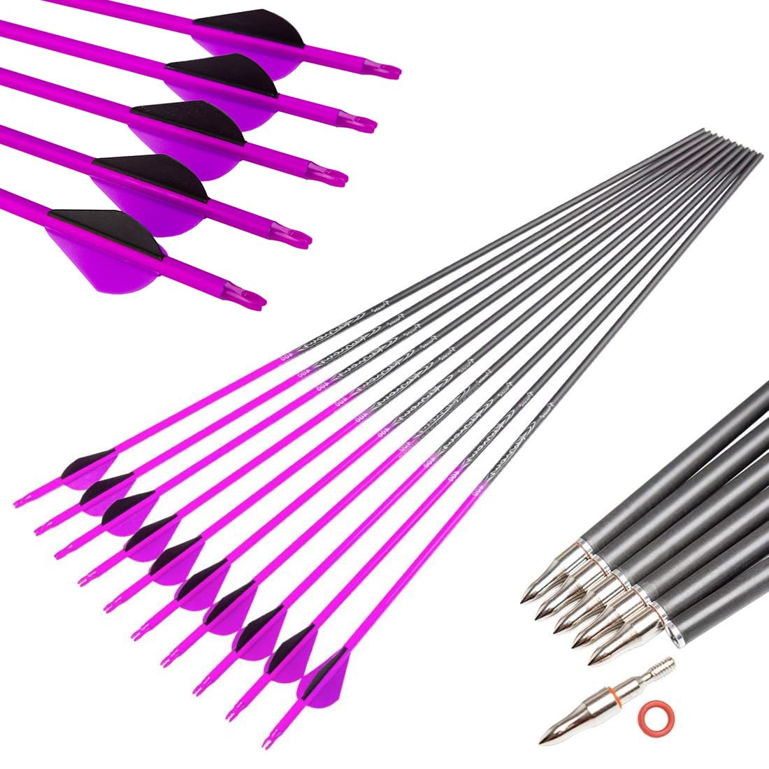 Pinals Archery 28" 30" 300 340 350 400 Spine Carbon Hunting Arrows for Compound Recurve Bow Practice Target 30 Inch Camo Arrow Shaft Pack of 12PCS Pink 300