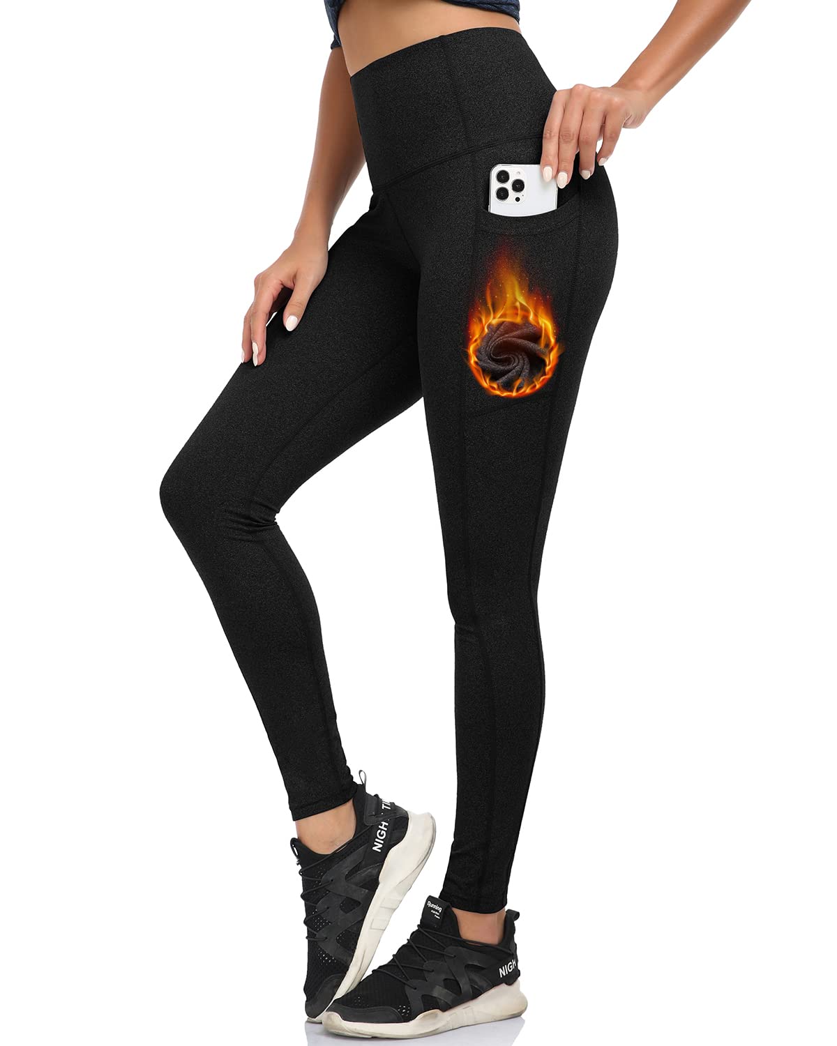 Soneven Women's Winter Thermal Leggings with Pockets Fleece Lined Leggings High Waisted Warm Legging Running Hiking Black