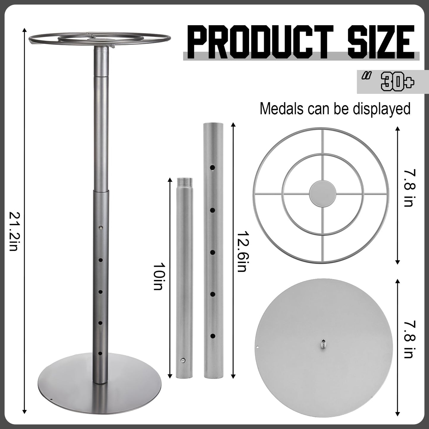 Shimeyao Medal Hanger Display Medal Display Rotatable Medal Holder Rotating Metals Display Rack Adjustable Award Holder Stand for Basketball Running Sports Race, 7.8 Inch, 30+ Medals (Silver)