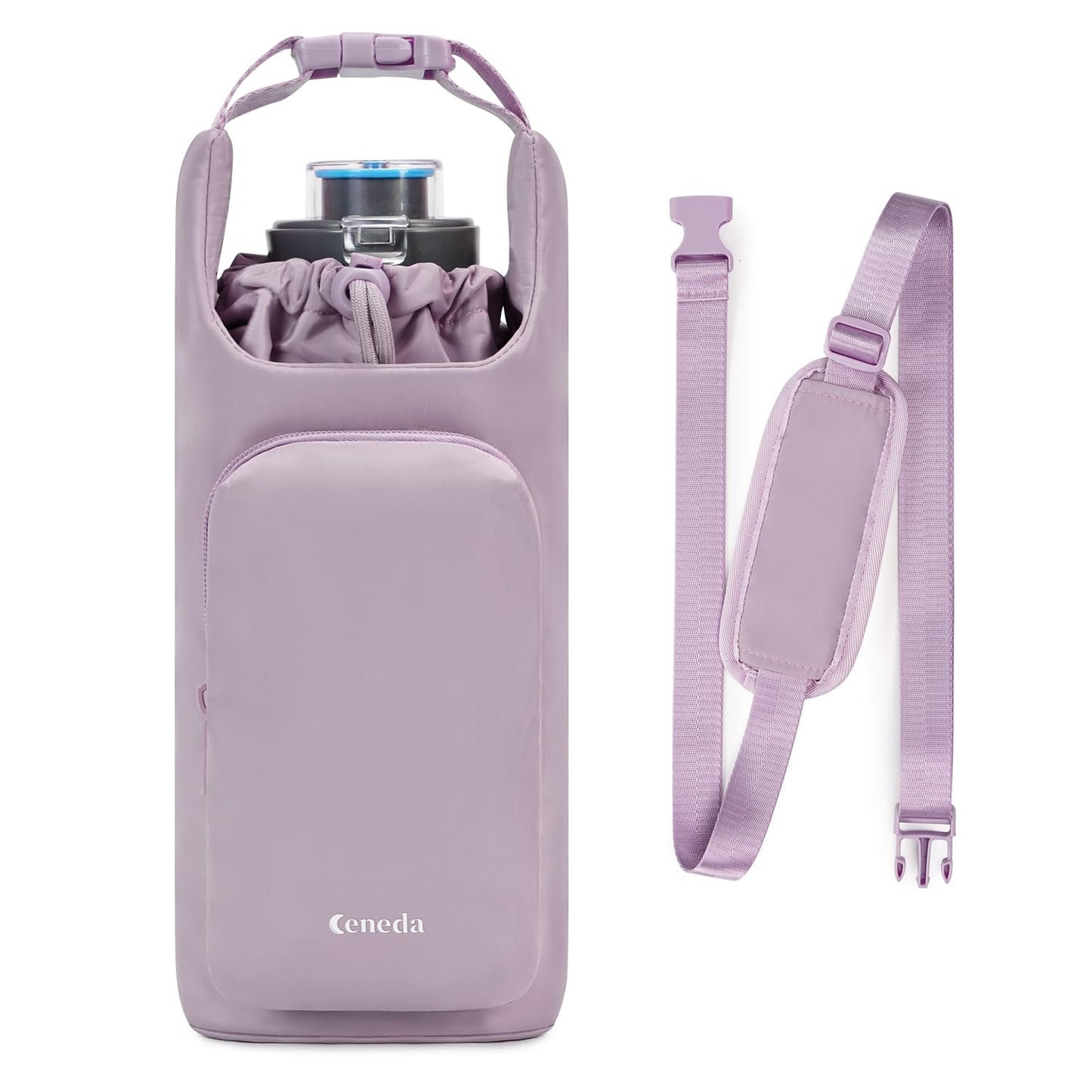 Ceneda Water Bottle Carrier Bag with Phone Pocket 32oz 40oz Tumbler Insulated Water Bottle Holder with Adjustable Shoulder Strap Carrier Sling Bag (Purple)