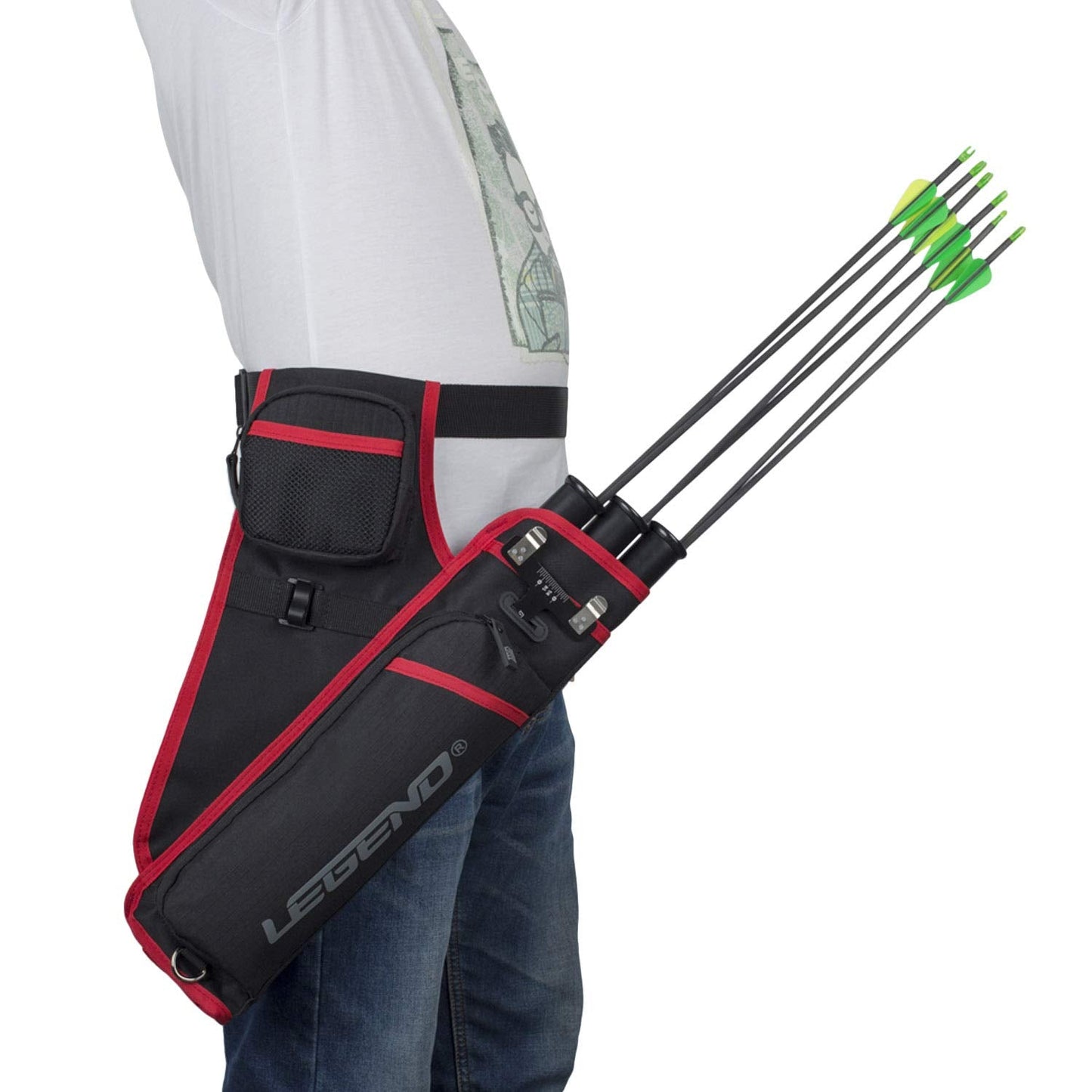 Legend First Archery Quiver Case for Arrows - Right Handed Target Shooting Hip Quivers with Adjustable Belt & 3 Arrow Tubes - Durable T-Slot & Storage Pockets for Accessories & Score Card - Black/Red