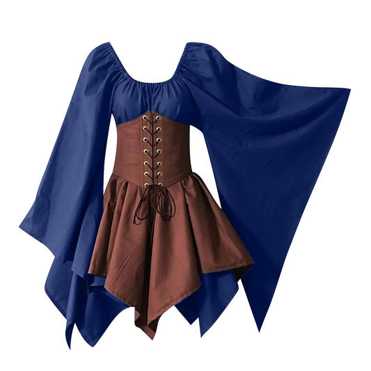 KEGIRLOM Prime Deals of The Day todayWomen's Medieval Renaissance Dress Costume Flare Sleeve Corset Skirt Overskirt Elven Archer Irish Over Gown 2pcs Set,Long Sleeve Gothic Wedding Dress