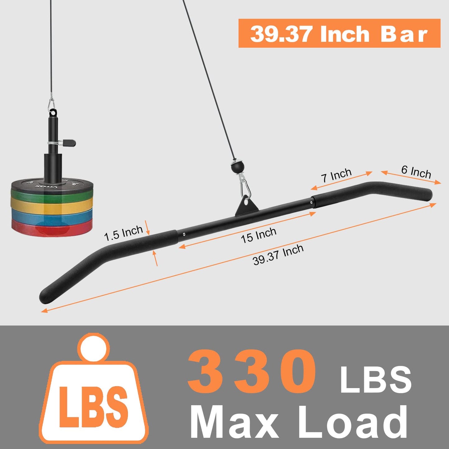 SERTT 39.37 Inch LAT Pulldown Bar Attachment for Pulley Cable Machine, Curl Tricep Press Down Bar with Rubber Handle, LAT Pull Down Bar Accessories for Gym, Strength Workout, Muscle Building