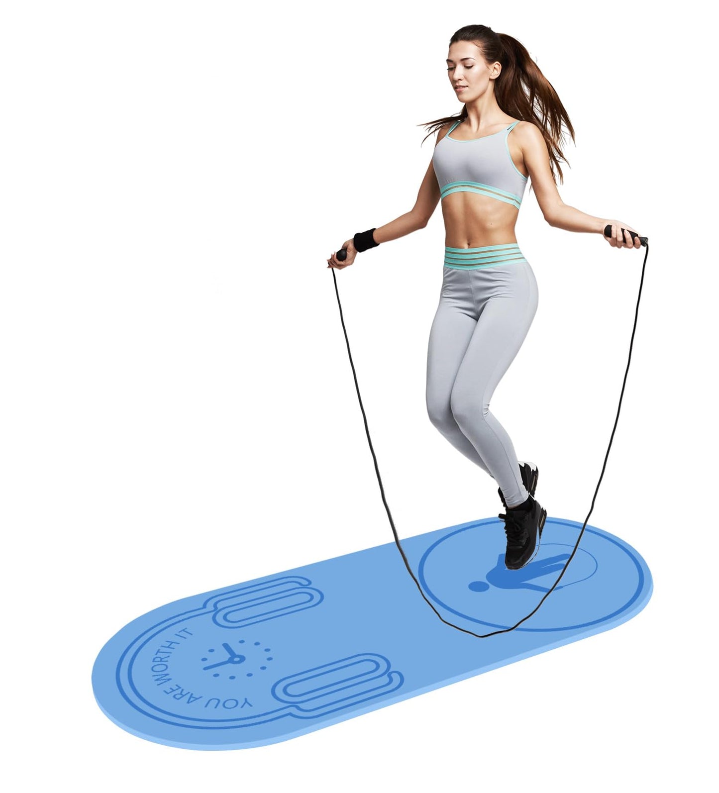 LERYG 8/20/30mm Jump Rope Mat Fitness Exercise Mat Durable, Non-Slip, Workout Mats with Jump Rope & Carrying Bag for Home Gym Flooring in Light Blue(55"x 24")