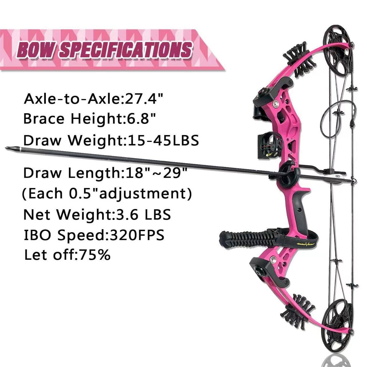 PANDARUS Compound Bow Set 15-45lbs for Pull Beginner and Teens Right Handed Adjustable 18"-29" Draw Length, 320 FPS Speed, Hunting Bow Archery Set New 2024 (Pink Right Handed Bag Pro)