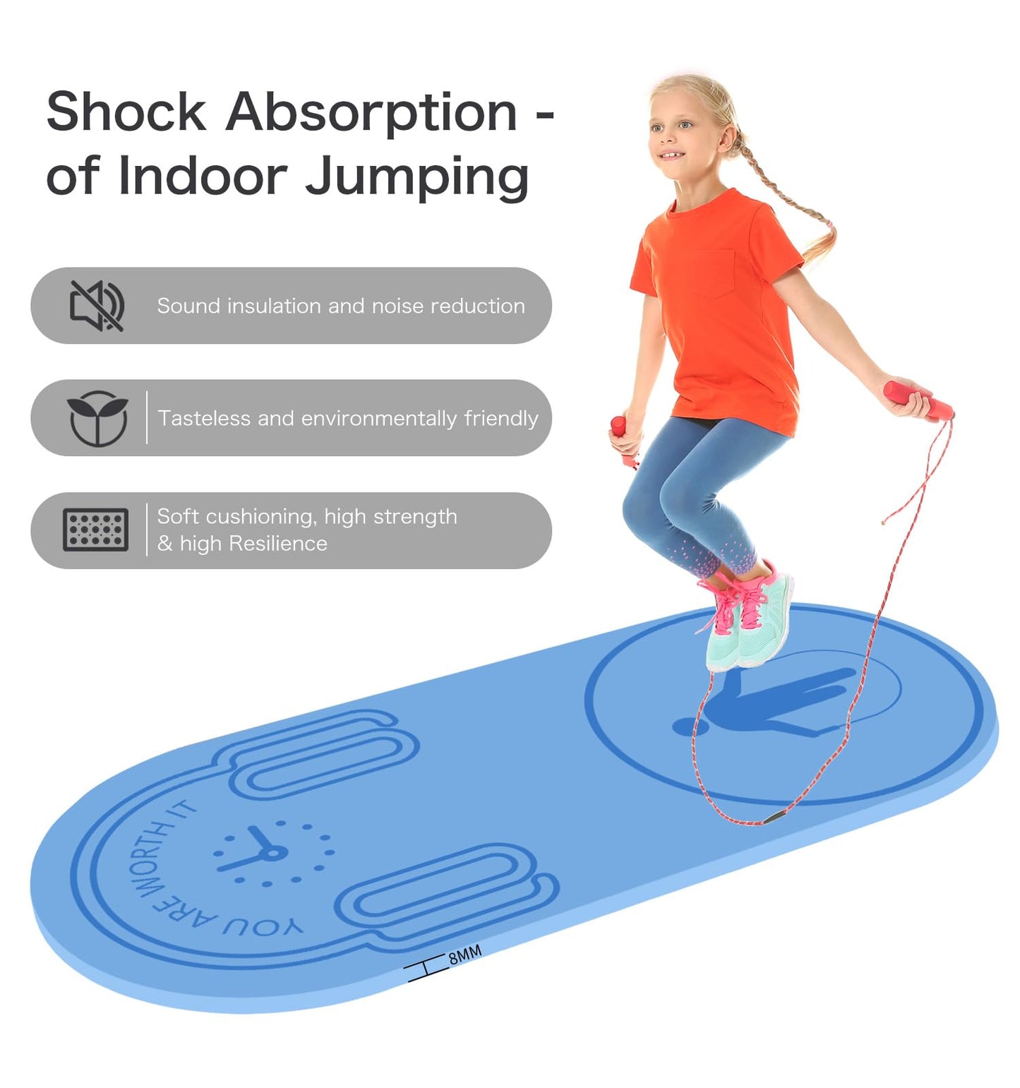 LERYG 8/20/30mm Jump Rope Mat Fitness Exercise Mat Durable, Non-Slip, Workout Mats with Jump Rope & Carrying Bag for Home Gym Flooring in Light Blue(55"x 24")