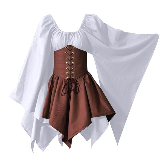 KEGIRLOM Clearance Warehouse Deals Women's Medieval Renaissance Dress Costume Flare Sleeve Corset Skirt Overskirt Elven Archer Irish Over Gown 2pcs Set,Victorian Dressing Gown Women