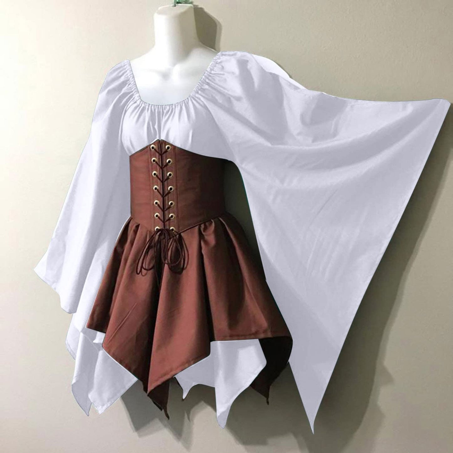 KEGIRLOM Clearance Warehouse Deals Women's Medieval Renaissance Dress Costume Flare Sleeve Corset Skirt Overskirt Elven Archer Irish Over Gown 2pcs Set,Victorian Dressing Gown Women