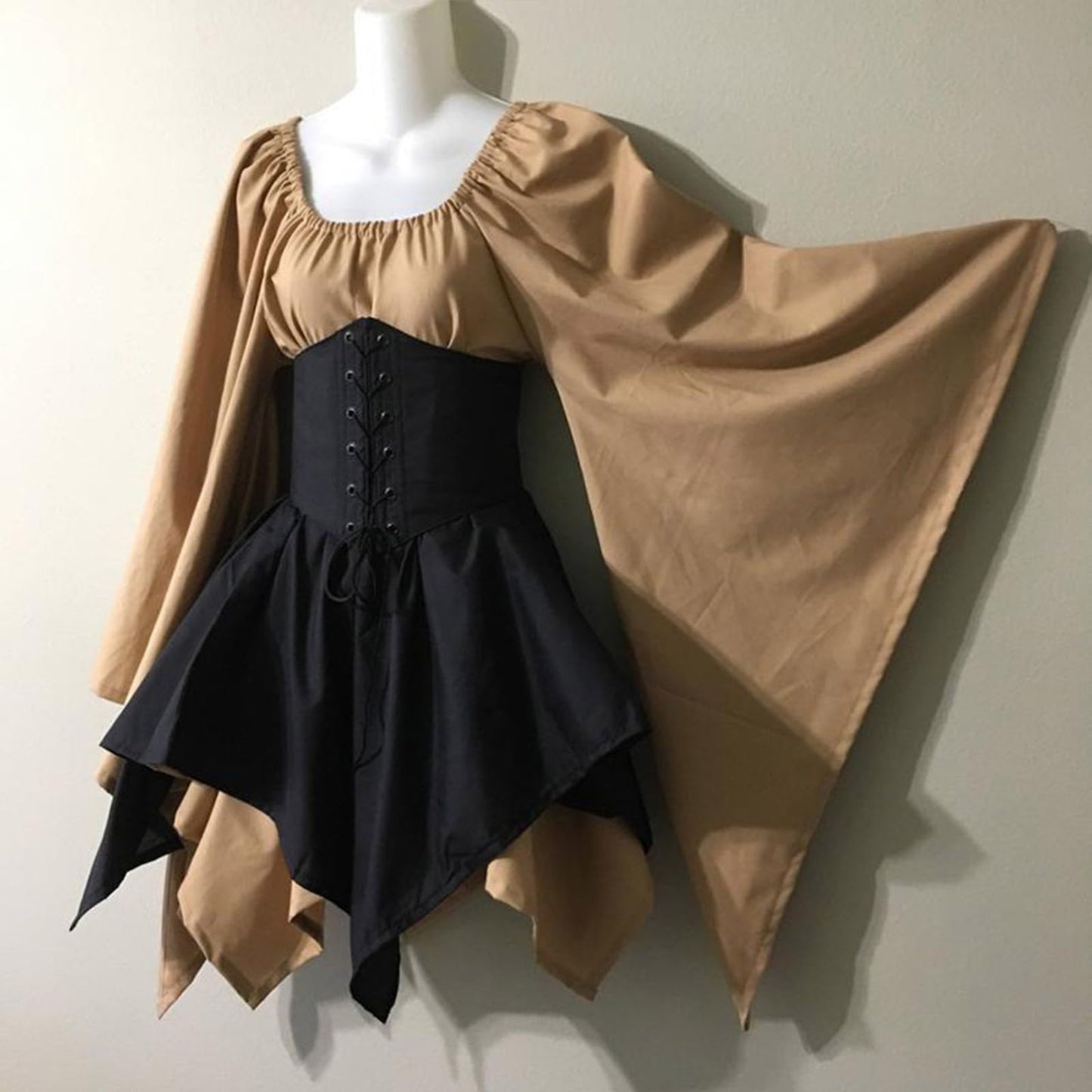 KEGIRLOM Delivery Tomorrow Items Prime Women's Medieval Renaissance Dress Costume Flare Sleeve Corset Skirt Overskirt Elven Archer Irish Over Gown 2pcs Set,1800S Dress for Women Costume Ball Gown