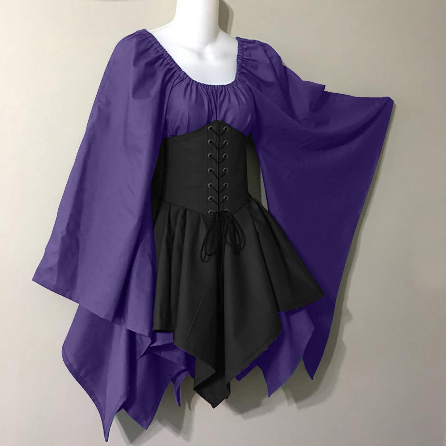 KEGIRLOM Lightning Deals Today Women's Medieval Renaissance Dress Costume Flare Sleeve Corset Skirt Overskirt Elven Archer Irish Over Gown 2pcs Set,Renaissance Costume Women Short