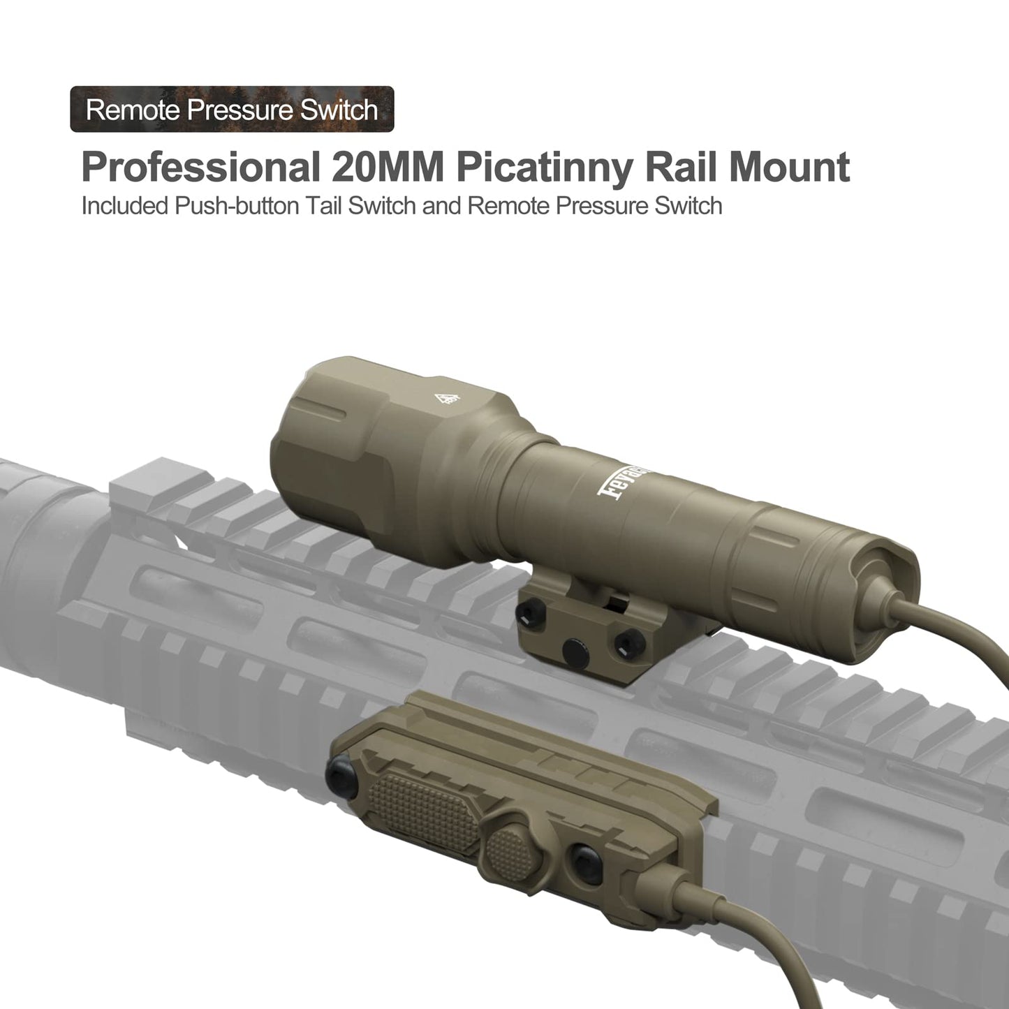 Feyachi 1200 Lumen Tactical Flashlight Matte Black LED Weapon Light with Pressure Switch, 3 Modes - High/Low/Strobe, Fixed Picatinny Flashlight Mount (Khaki)