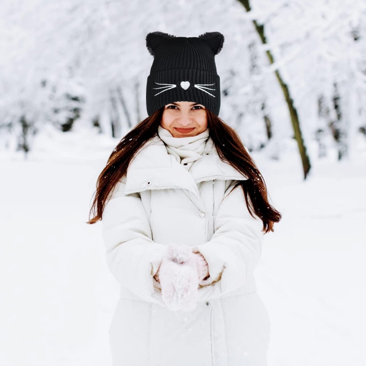 Women's Cat Beanie Crochet Hats with Ears Knitted Black Cat Hats Winter Cute Y2k Cat Ears Beanie for Girls Adults Kids