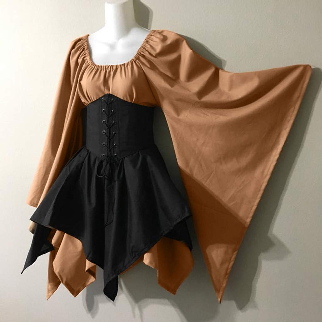 KEGIRLOM Lightening Deals Women's Medieval Renaissance Dress Costume Flare Sleeve Corset Skirt Overskirt Elven Archer Irish Over Gown 2pcs Set,Renaissance Dress Women Short