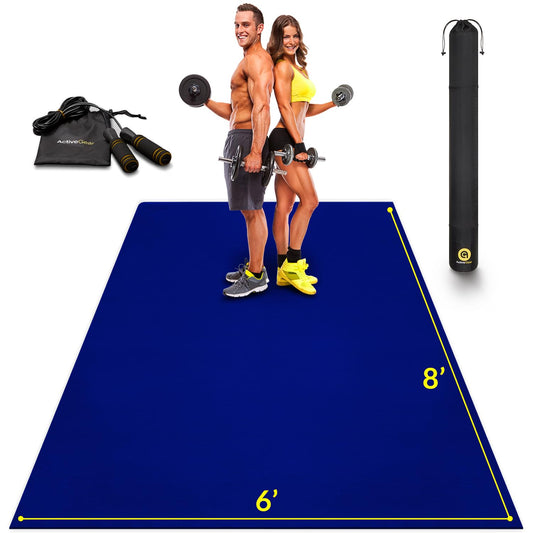 Large Exercise Mat 8' x 6' x 7mm | Ultra-Durable Non-Slip Rubber Workout Mat for Home Gym Flooring | Ideal for Cardio, Fitness, Plyo, MMA and Yoga | Jump Rope and Storage Bag Included - Blue