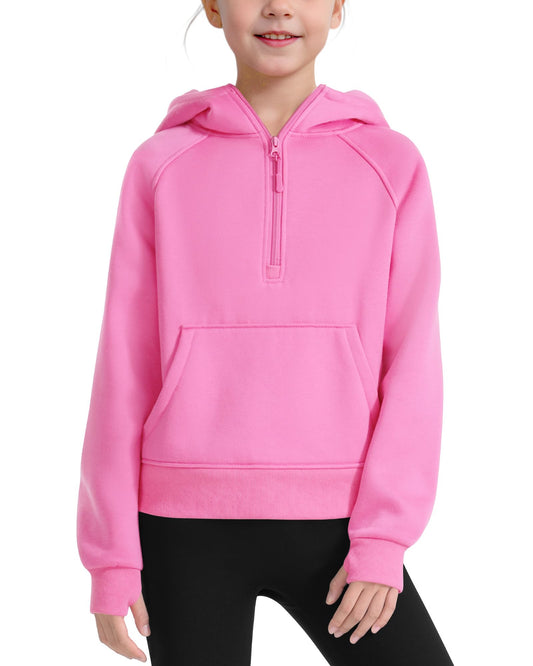 JOCMIC Hoodies for Teen Girls Fleece Sweatshirts Half Zipper Cropped Sweatshirts with Thumb Hole Preppy Winter Clothes Pink 9-10 Years