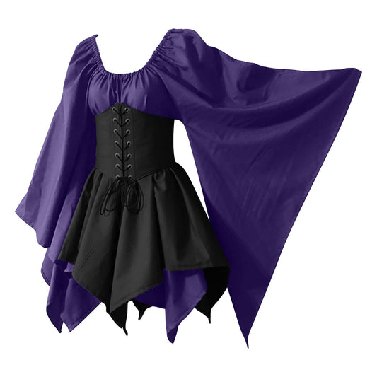 KEGIRLOM Lightning Deals Today Women's Medieval Renaissance Dress Costume Flare Sleeve Corset Skirt Overskirt Elven Archer Irish Over Gown 2pcs Set,Renaissance Costume Women Short