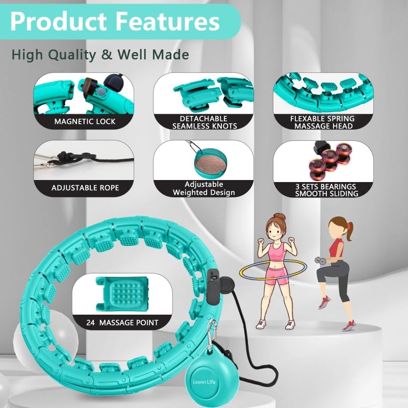 Leann L!fe U1-30 Knots Waist 61”, Magnetic Lock Smart Weighted Hula Hoop for Adults Weight Loss, Infinity Hoop Plus Size, Children Adult Home Outdoors, Fitness Exercise, Abdominal Toner, Light Green
