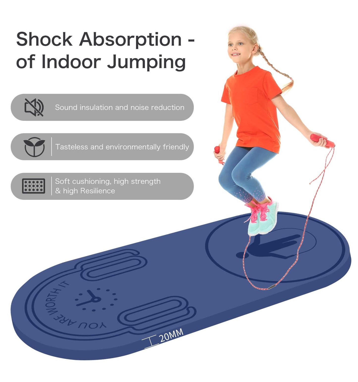 LERYG 8/20/30mm Jump Rope Mat Fitness Exercise Mat Durable, Non-Slip, Workout Mats with Jump Rope & Carrying Bag for Home Gym Flooring in Blue(55"x 24")