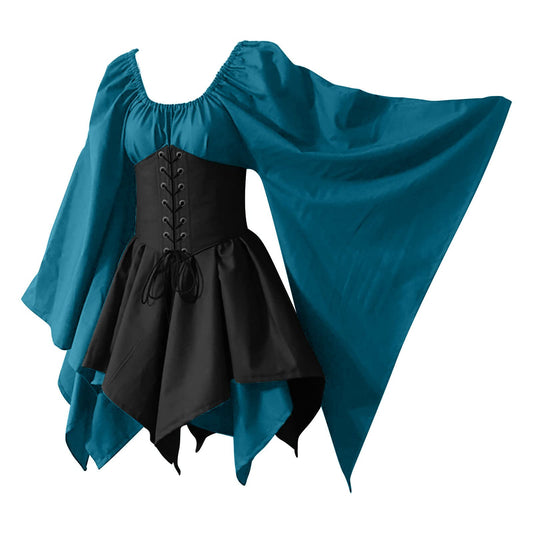 KEGIRLOM Ofertas Relampago Del Dia Para Mujer Women's Medieval Renaissance Dress Costume Flare Sleeve Corset Skirt Overskirt Elven Archer Irish Over Gown 2pcs Set,Plus Size Renaissance Dress