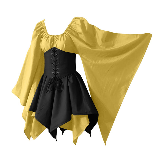 KEGIRLOM Lightning Deals of Today Clearance Women's Medieval Renaissance Dress Costume Flare Sleeve Corset Skirt Overskirt Elven Archer Irish Over Gown 2pcs Set,Renaissance Dress Women