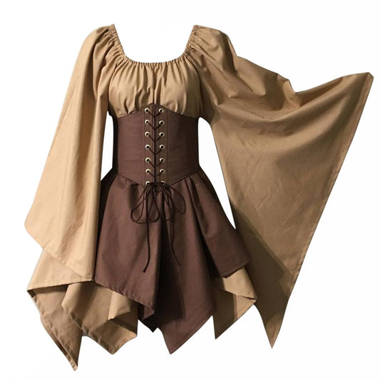 KEGIRLOM Prime of Day Sales Women's Medieval Renaissance Dress Costume Flare Sleeve Corset Skirt Overskirt Elven Archer Irish Over Gown 2pcs Set,Gothic Dress for Girls