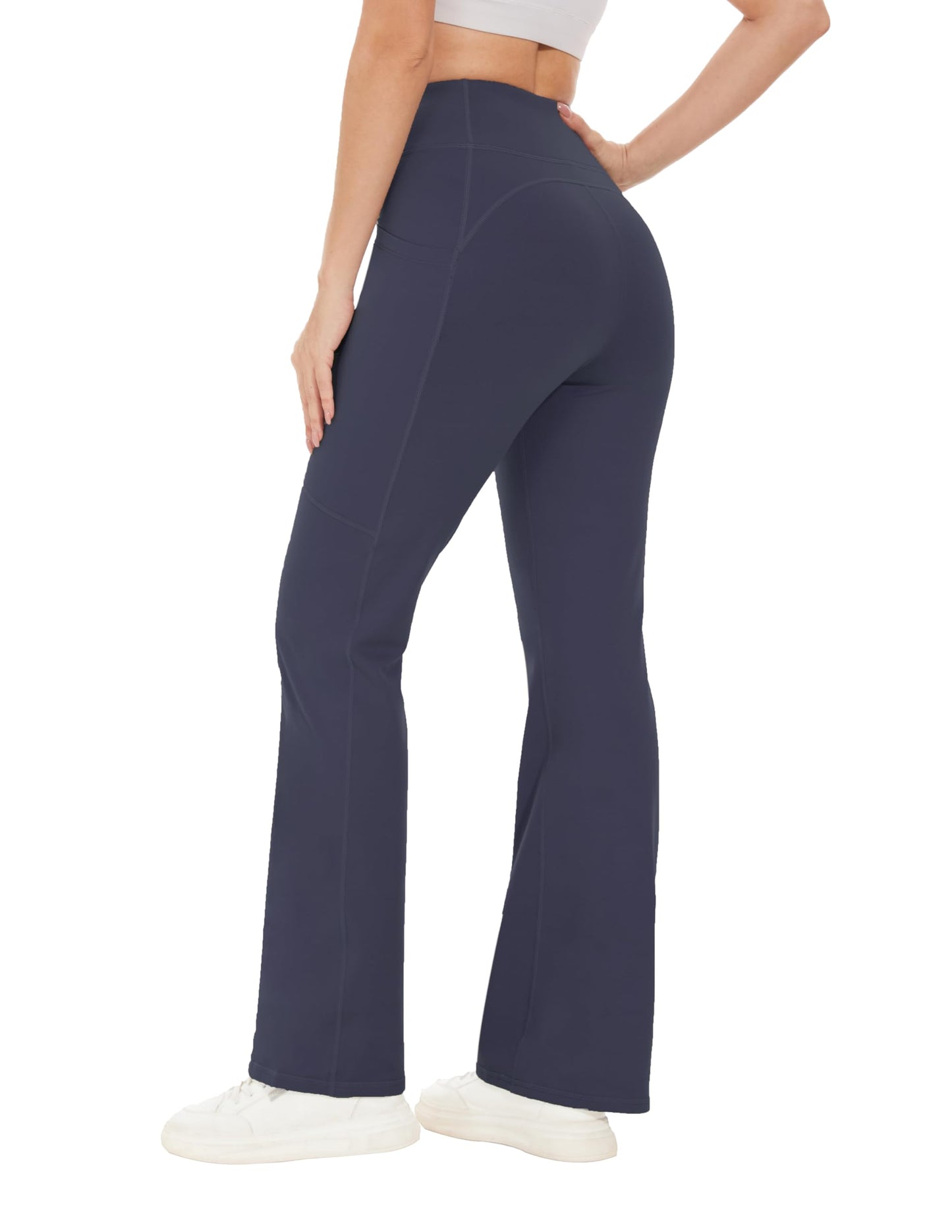 SOOWOT Fleece Lined Pants Women Flare Leggings High Waisted Winter Thermal Warm Workout Bootcut Yoga Pants with Pockets Navy Blue S