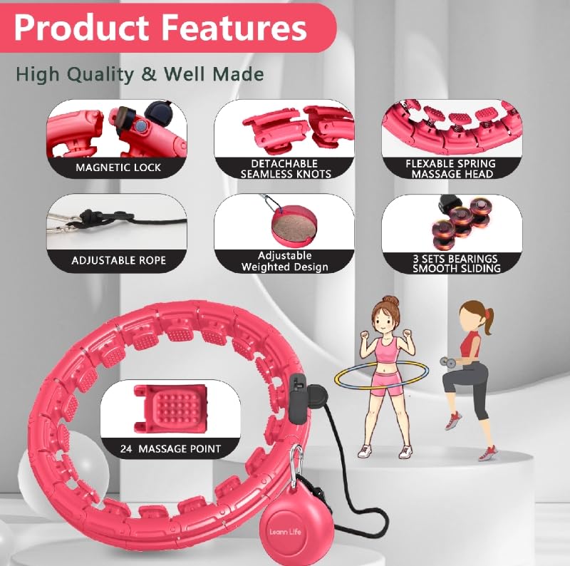 Leann L!fe U1-30 Knots Waist 56”, Magnetic Lock Smart Weighted Hula Hoop for Adults Weight Loss, Infinity Hoop Plus Size, Children Adult Home Outdoors, Fitness Exercise, Abdominal Toner,Pink