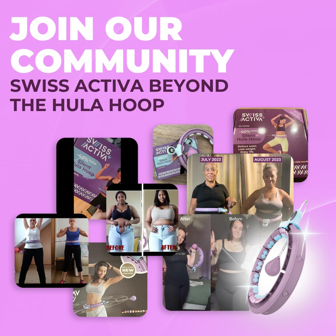 Swiss Activa+ S5.S Silent Weight Loss Hula Hoop with Counter -Waist Size 22-44in - Infinity Hoop- Smart Weighted Hula Hoop- Smart Hula Hoop- Weighted Hula Hoops for Women- Weight Hula Hoop